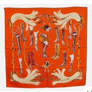 Hermes Equestrian Rare Papaya Orange  A Propos Des Bottes 90 Twill Silk Scarf